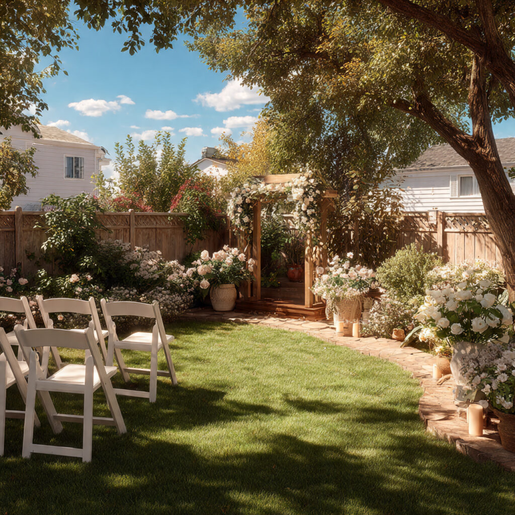 photorealistic backyard wedding setup in a modest