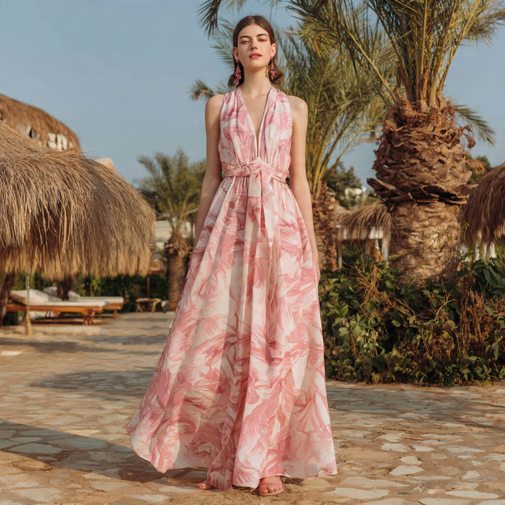 pink printed maxi wedding guest dress with