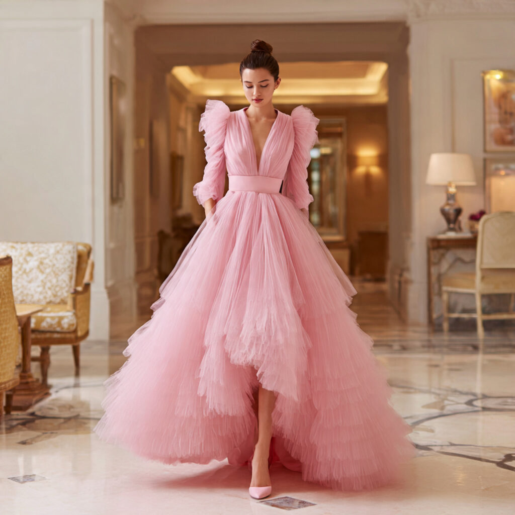 pink tulle wedding guest dress with structured