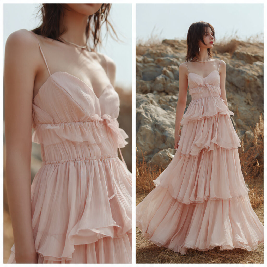powder pink tiered wedding guest dress subtle