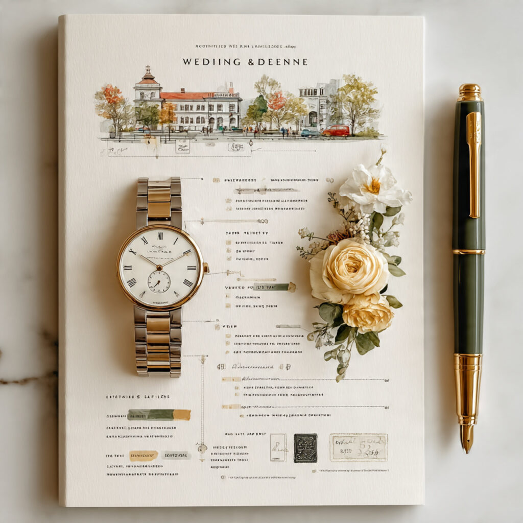 printed wedding day timeline with clock pen