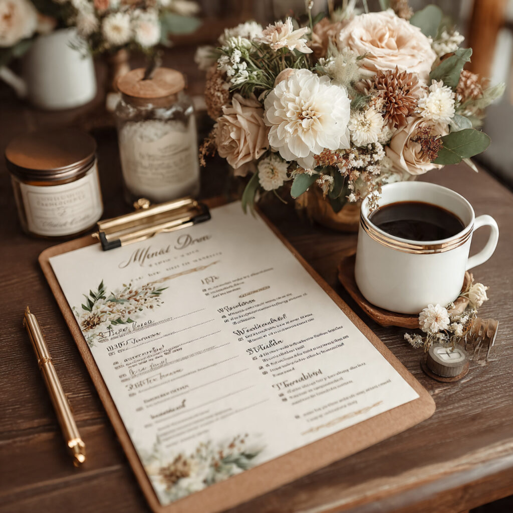 printed wedding day timeline with highlighted sections