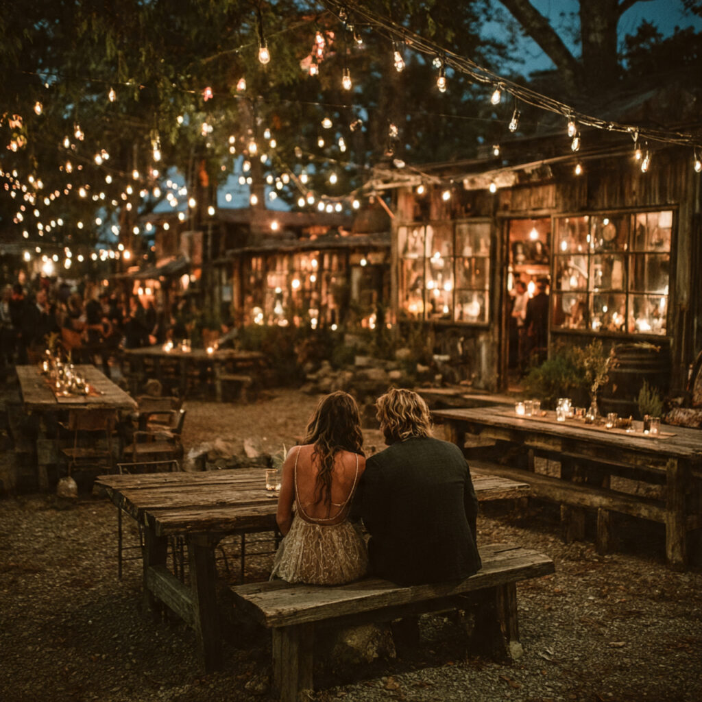 quiet end of night rustic wedding moment couple sitting