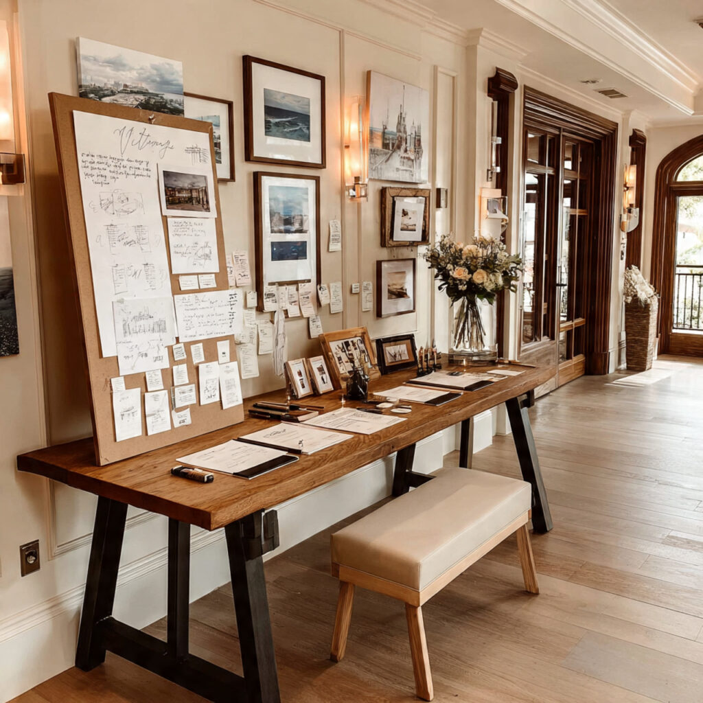 reception timeline board with notes seating chart