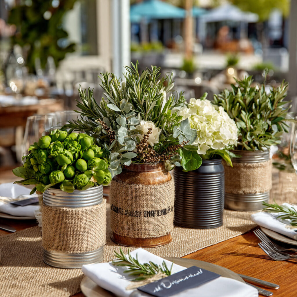 recycled tin cans painted neutral colors used