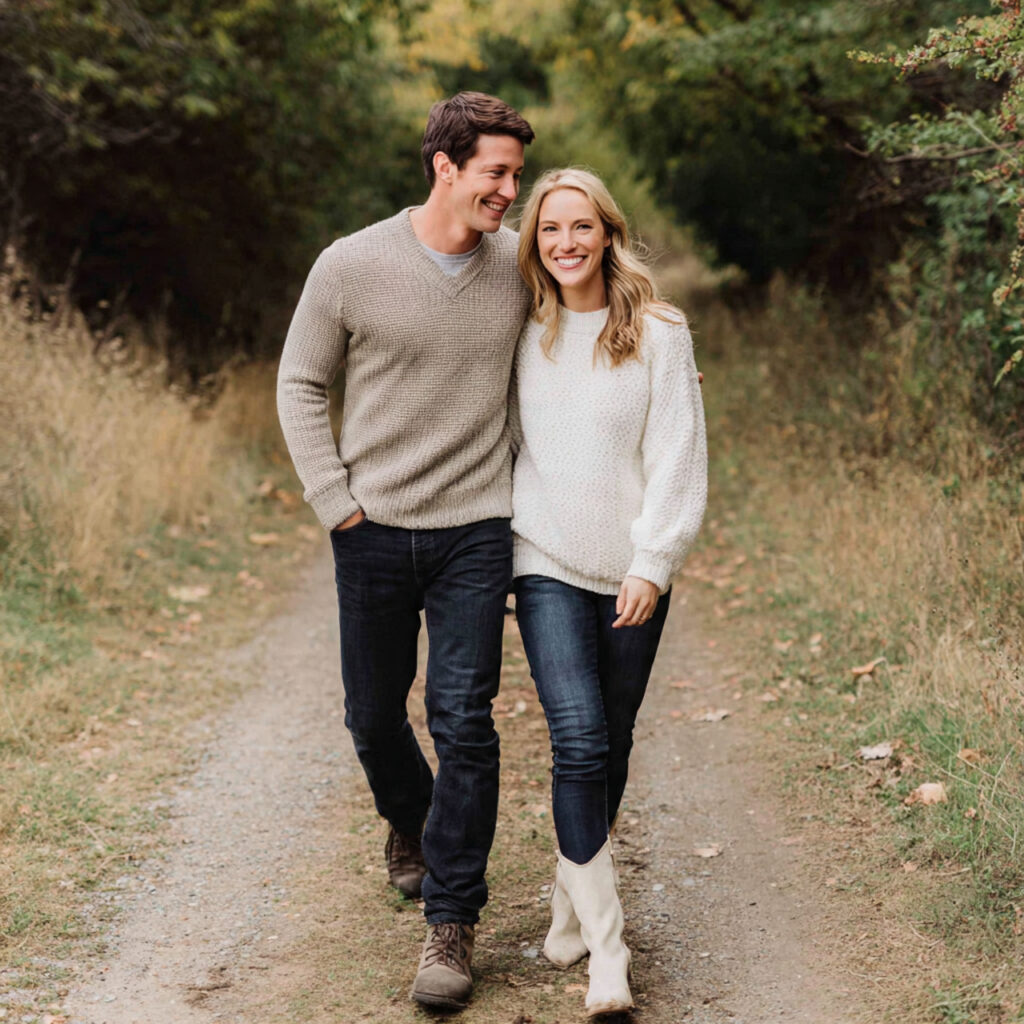 21 Cozy and Stylish Fall Engagement Photo Outfit Ideas 14 relaxed fall engagement session couple in well fitted