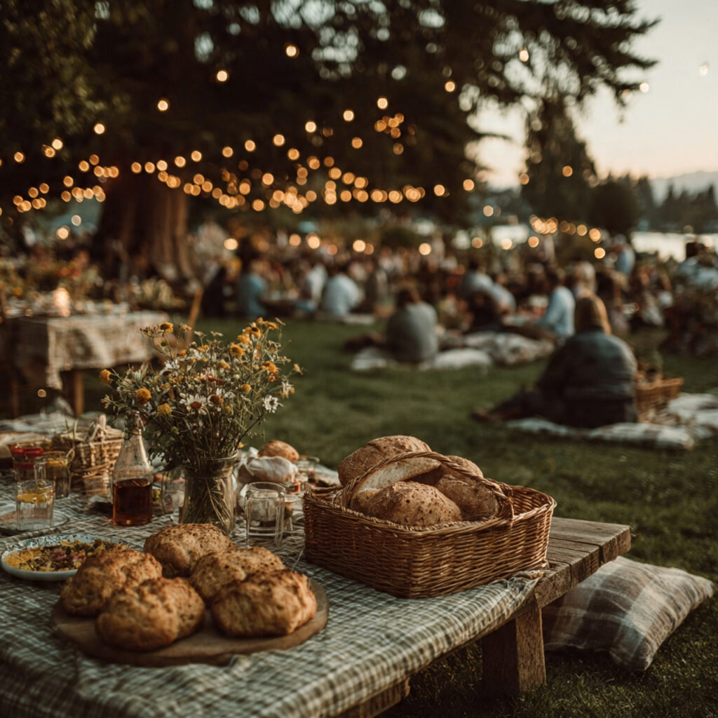 relaxed outdoor picnic rehearsal dinner blankets and