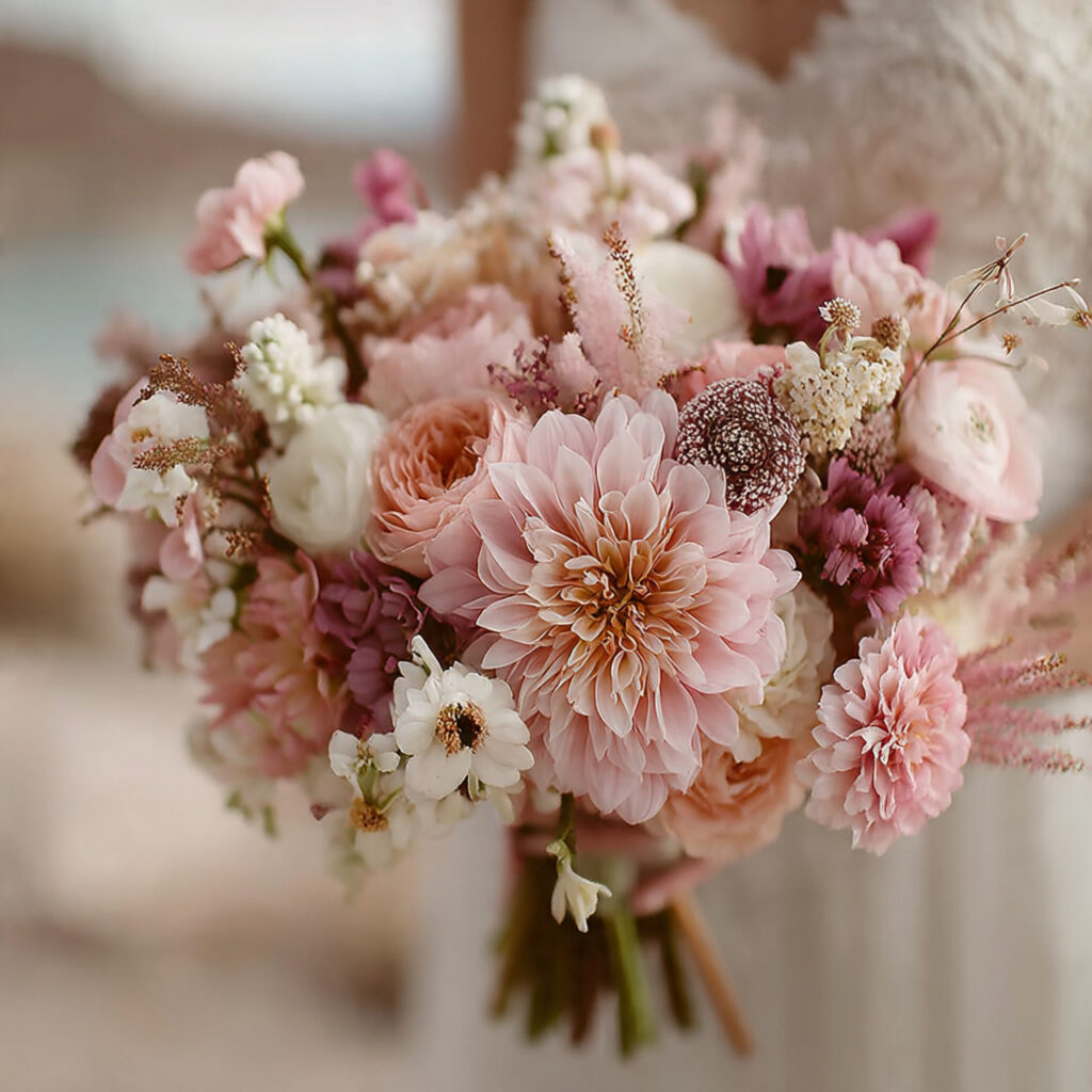 romantic blush boho wedding bouquet with layered
