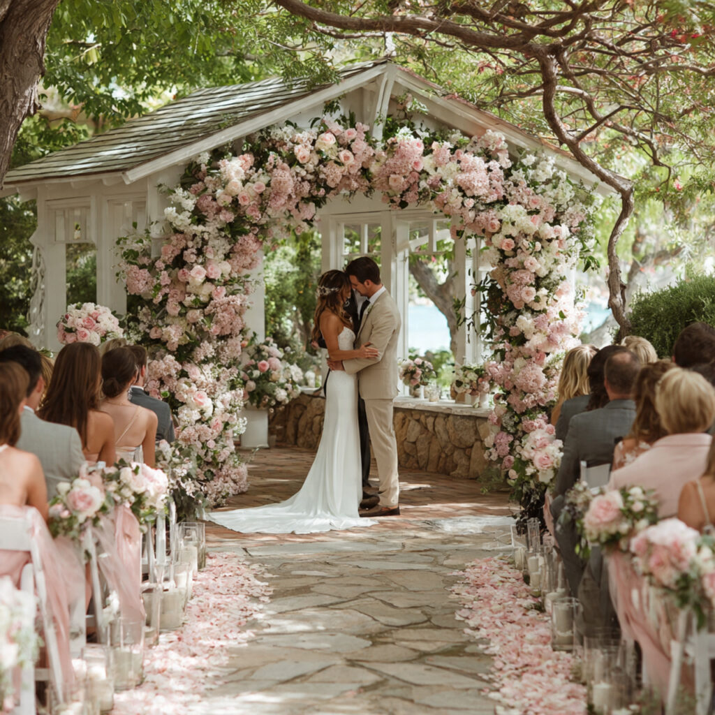 romantic garden wedding ceremony surrounded by lush