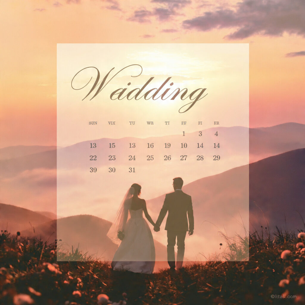 romantic wedding scene with a calendar highlighting