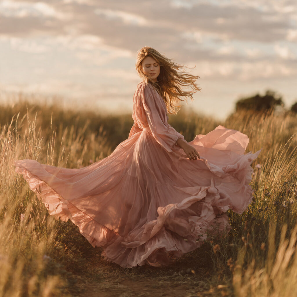 rose pink chiffon maxi dress flowing in