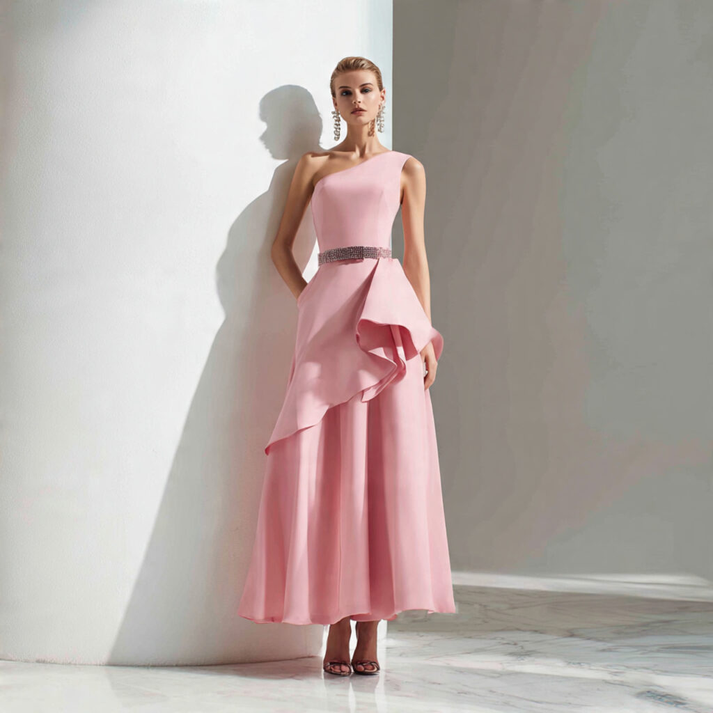 rose pink one shoulder wedding guest dress modern