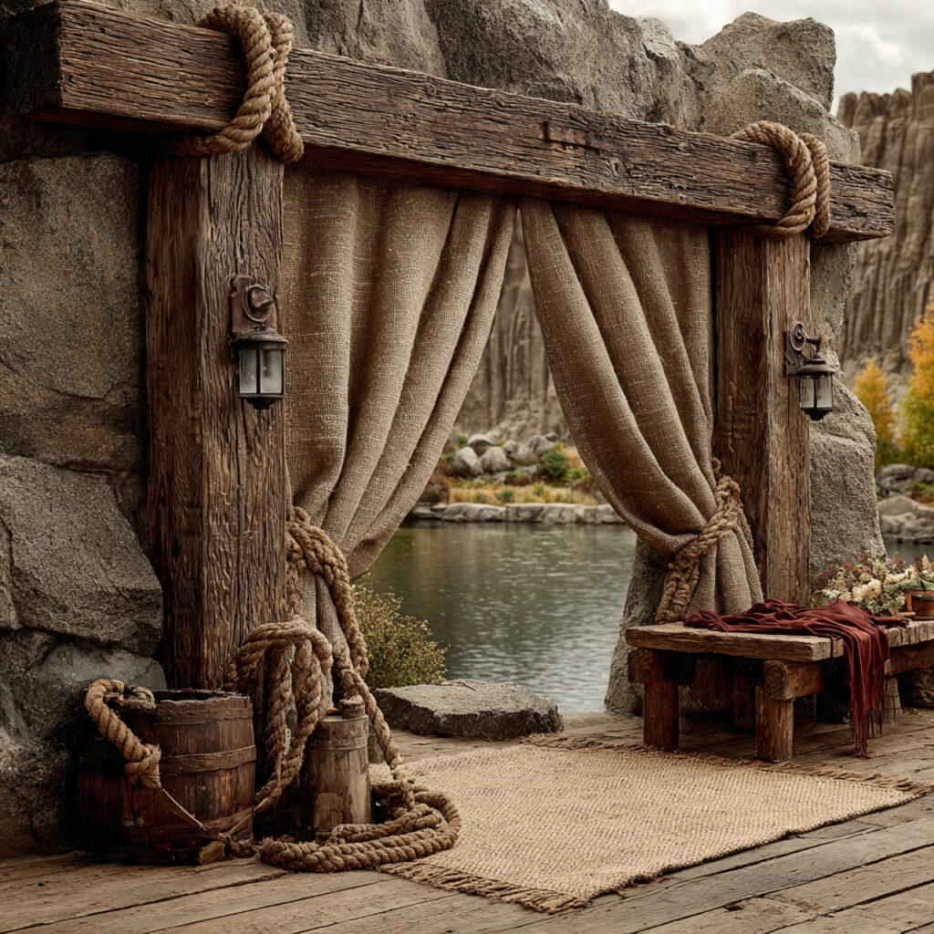 rustic backdrop featuring thick natural rope and