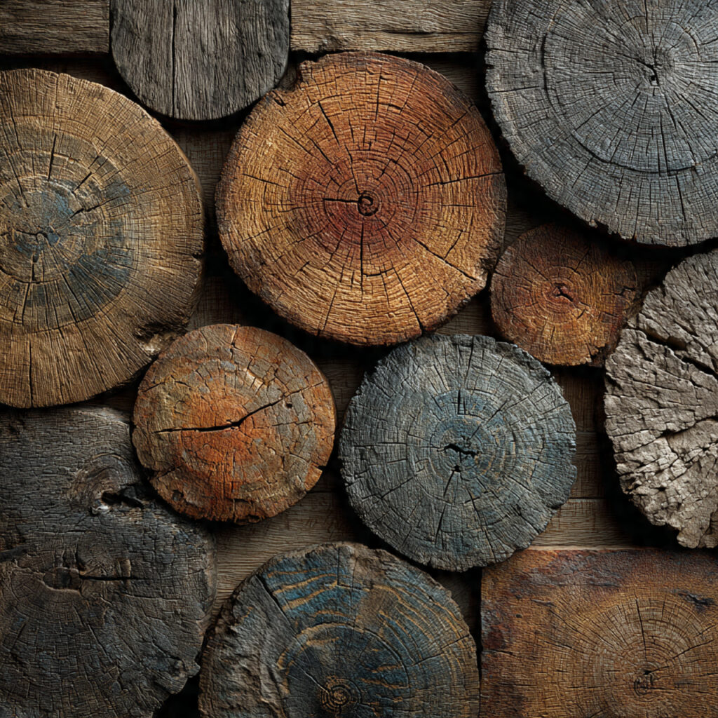 rustic backdrop made from stacked log slices