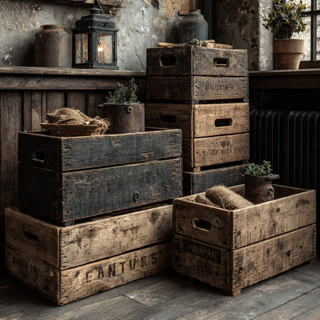 rustic backdrop made of stacked wooden crates 1