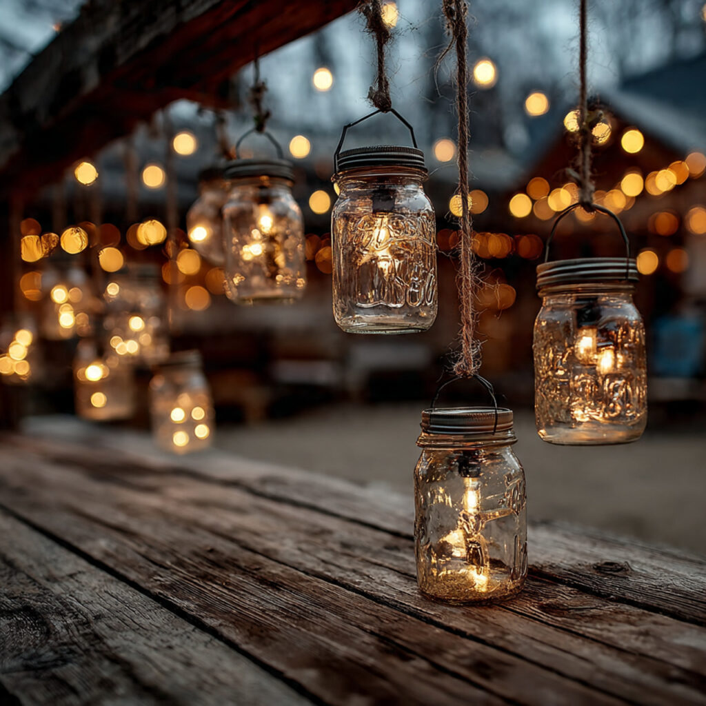 rustic backdrop with hanging mason jars and
