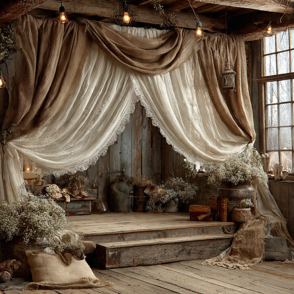 rustic backdrop with layered burlap fabric and