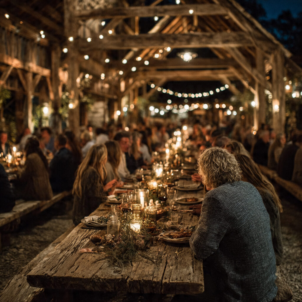 rustic barn rehearsal dinner wooden beams and