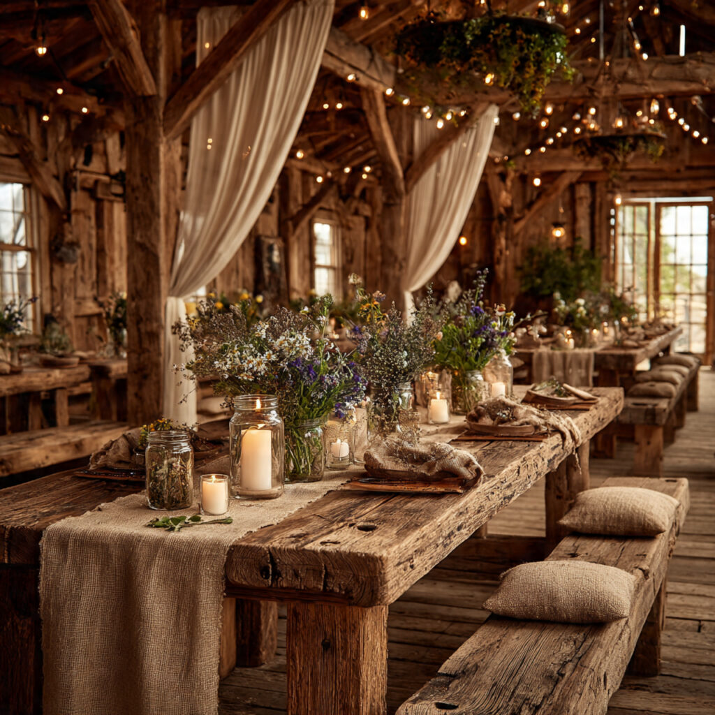 rustic countryside wedding setup in a wooden