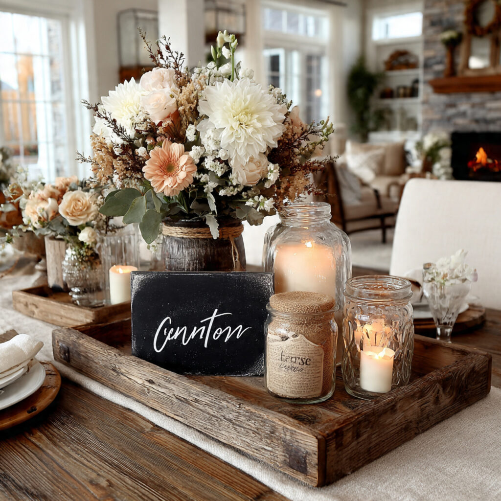 22 DIY Dollar Tree Centerpieces That Are Easy and Elegant 18 rustic dollar tree centerpiece with mini chalkboard