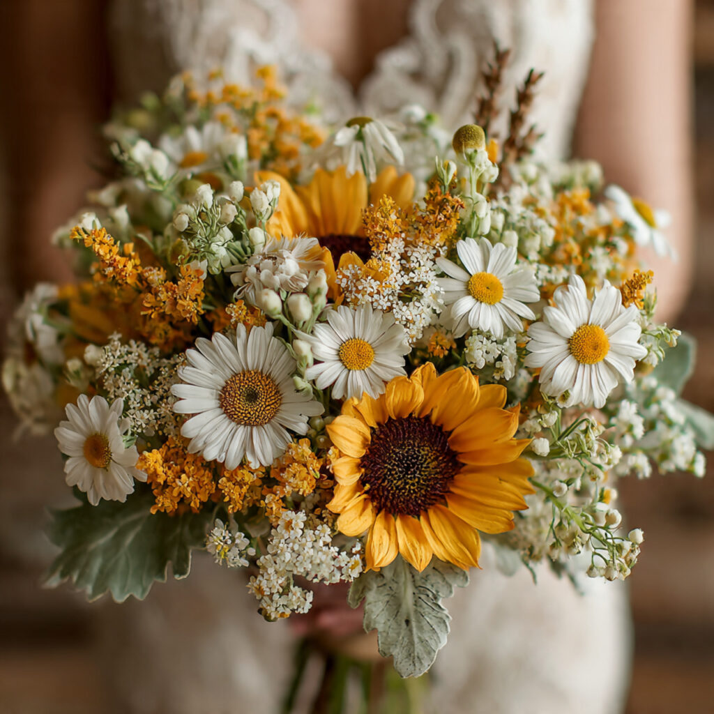 rustic farm boho wedding bouquet with sunflowers