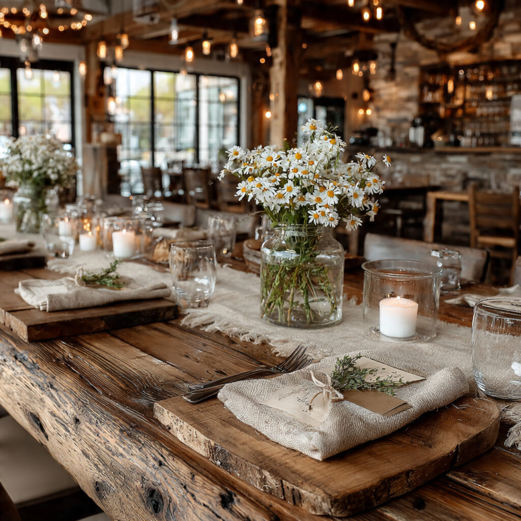 rustic indoor bridal shower with wooden tables