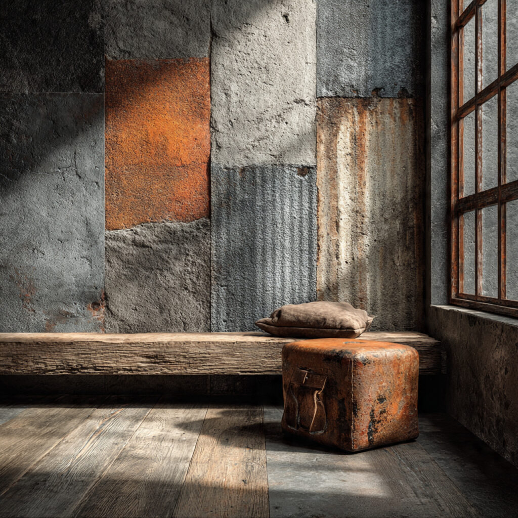 rustic industrial backdrop with corrugated metal panels framed