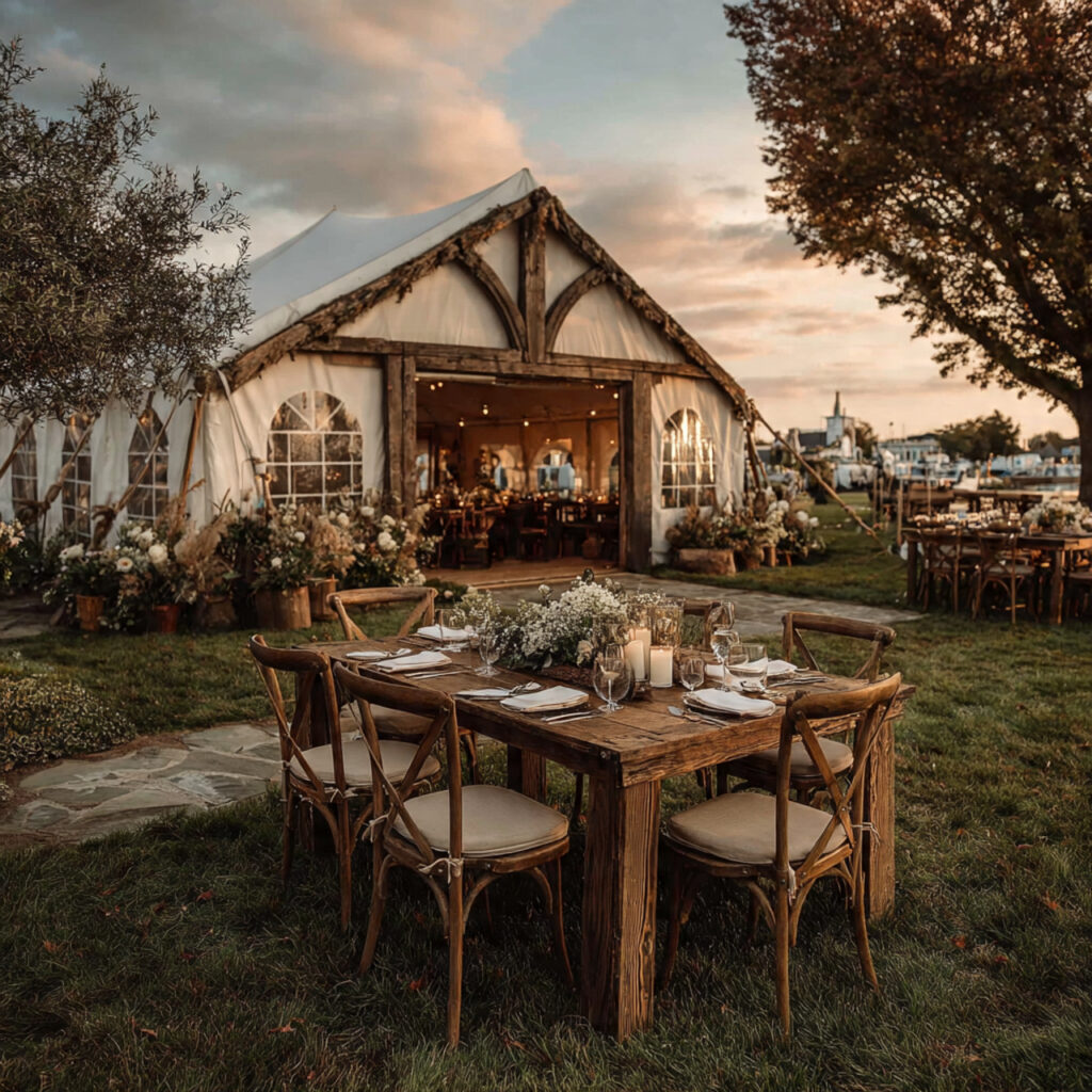 rustic outdoor wedding with elegant white tent