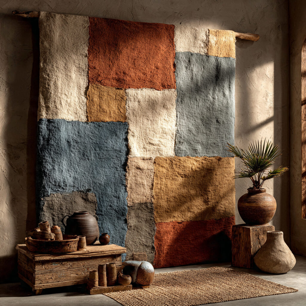 rustic patchwork fabric backdrop with muted earth
