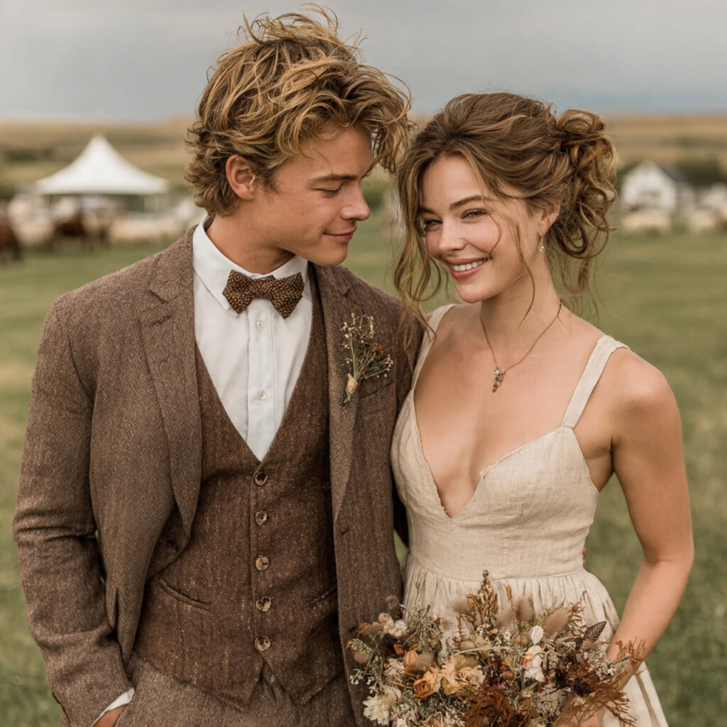 rustic wedding attire featuring a relaxed bride