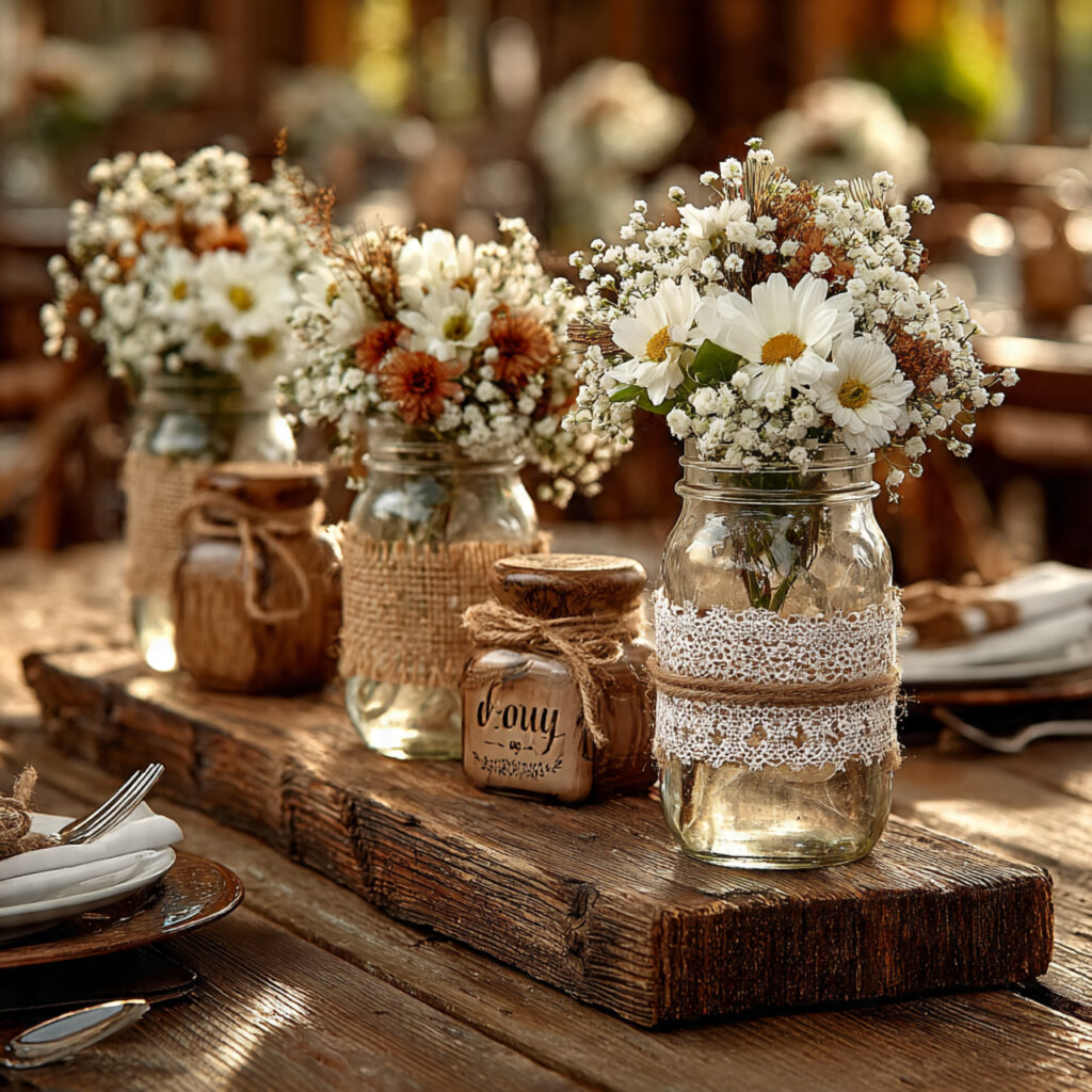 rustic wedding centerpiece featuring mason jars wrapped