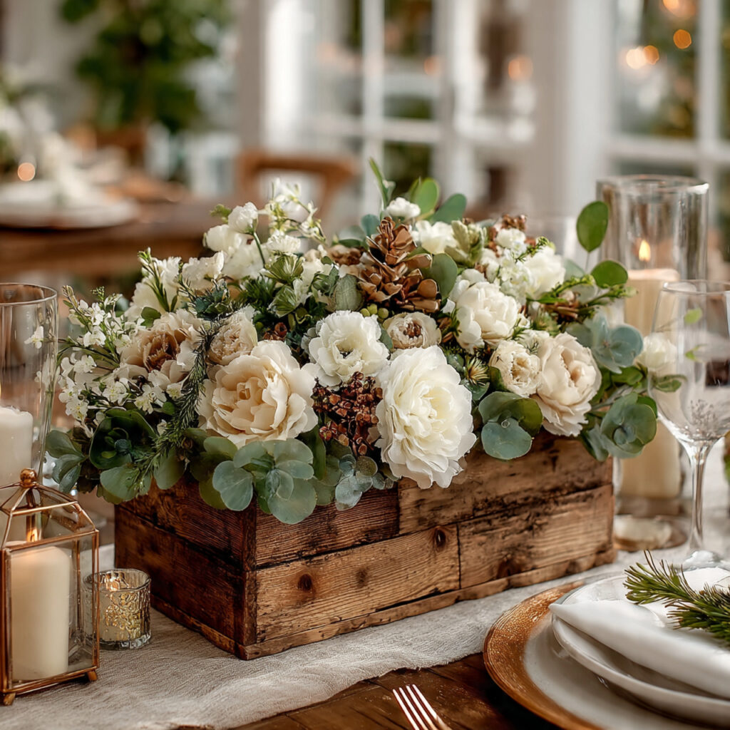 rustic wedding centerpiece with small wooden box
