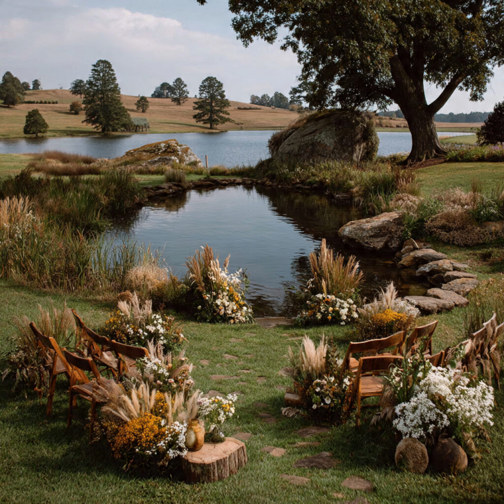 rustic wedding ceremony seating arranged in a