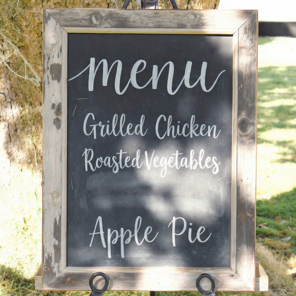 rustic wedding chalkboard sign displaying menu text