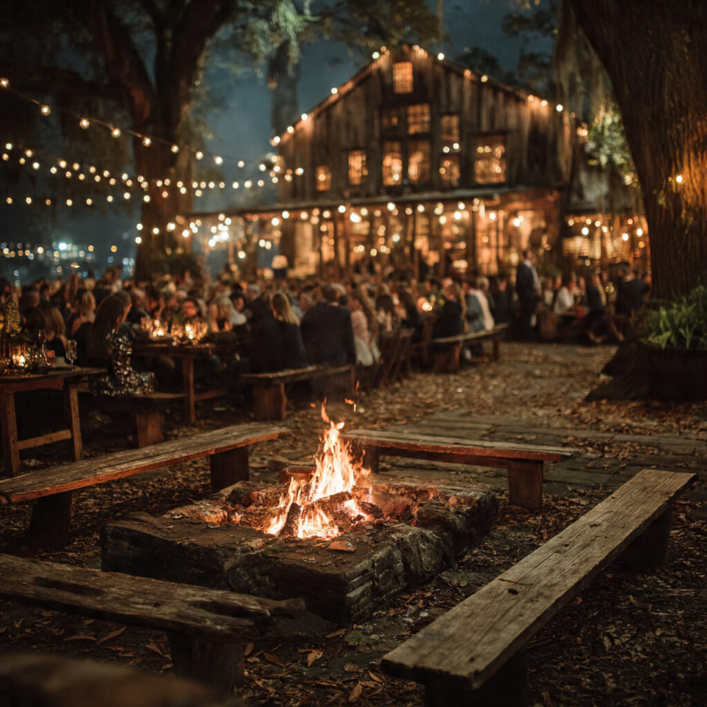 rustic wedding fire pit area at night