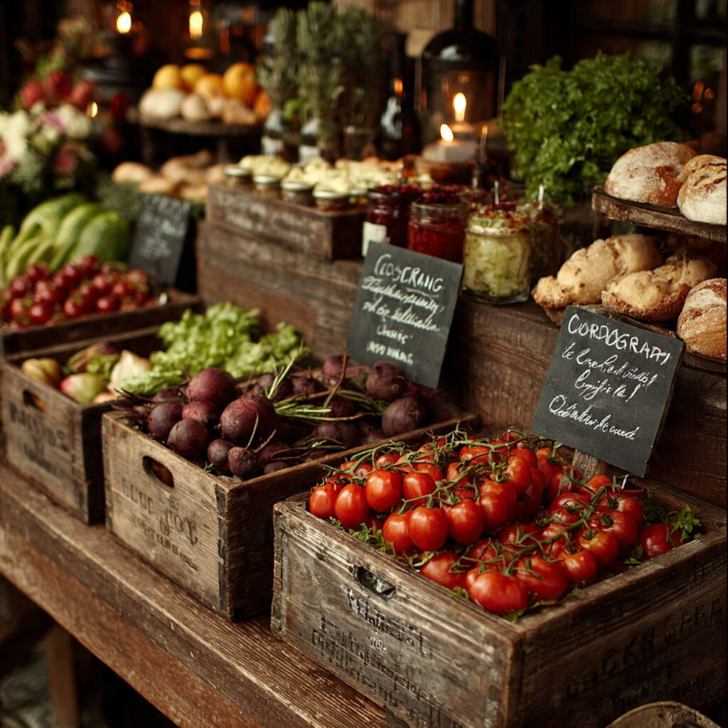 rustic wedding food display highlighting fresh local