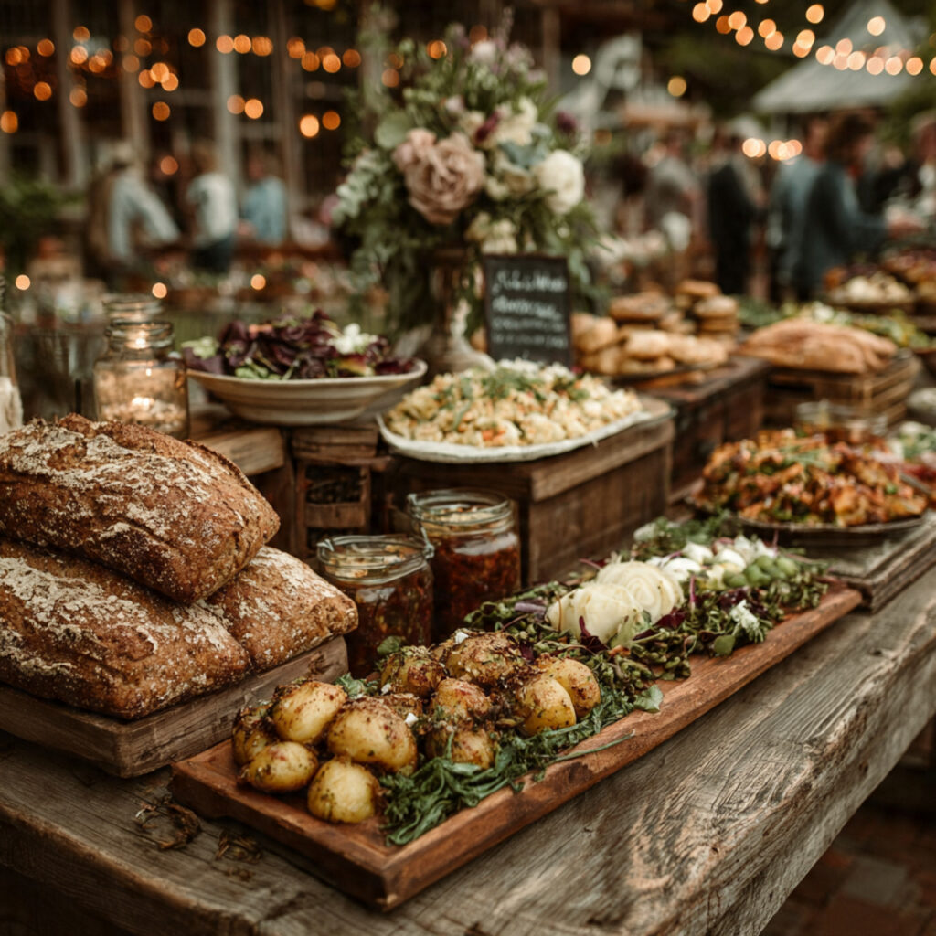 rustic wedding food served family style on long