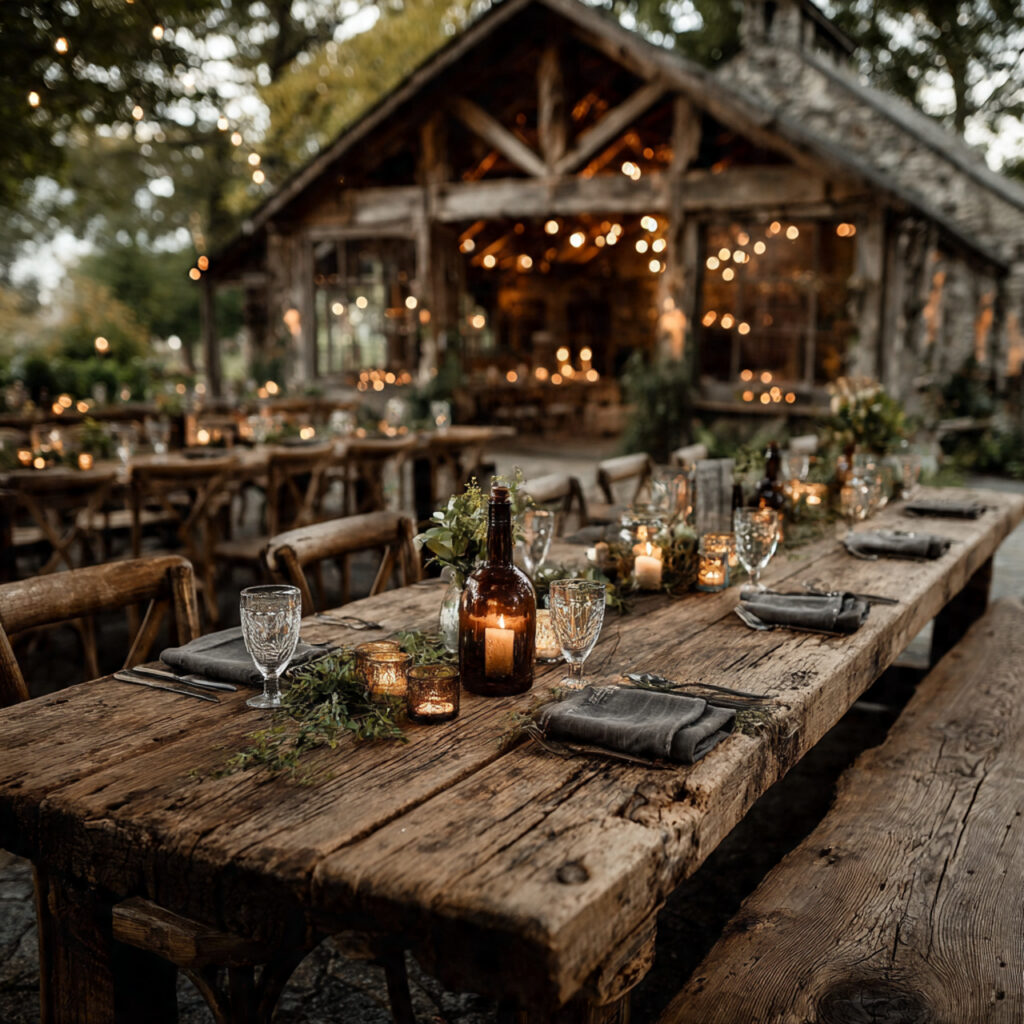 rustic wedding reception with long farmhouse wooden