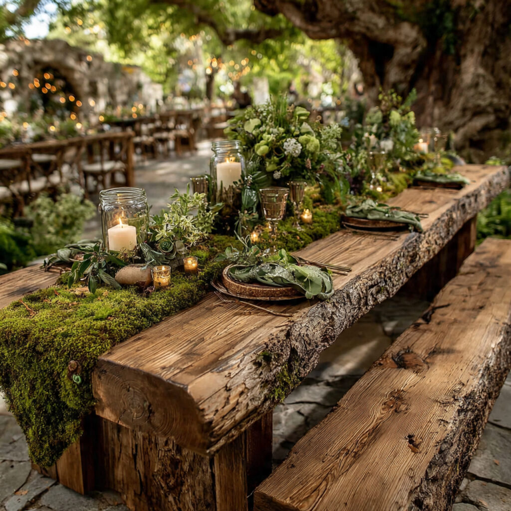 rustic wooden wedding table with moss runner