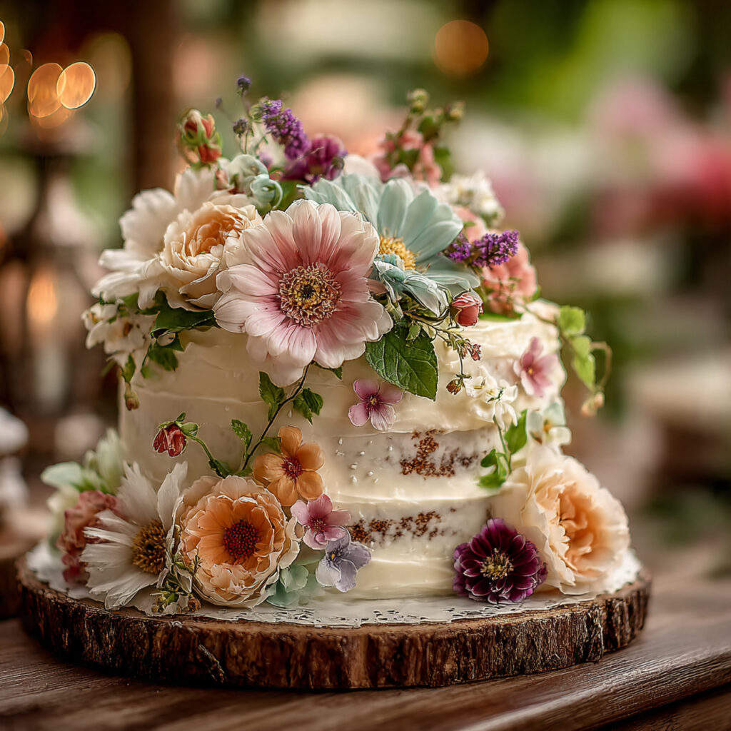 semi wedding cake decorated with fresh flowers