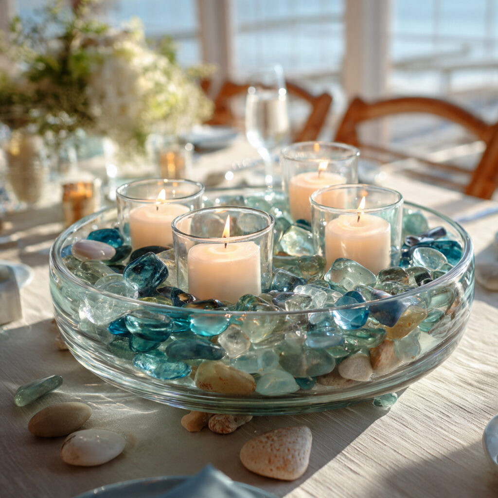 shallow glass bowl centerpiece filled with sea