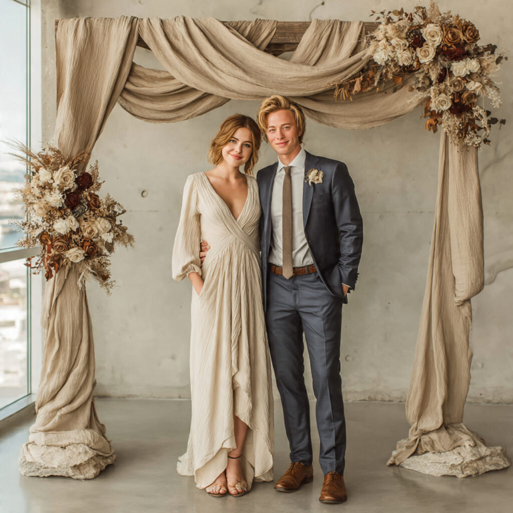 simple wedding photobooth with flowing fabric curtain
