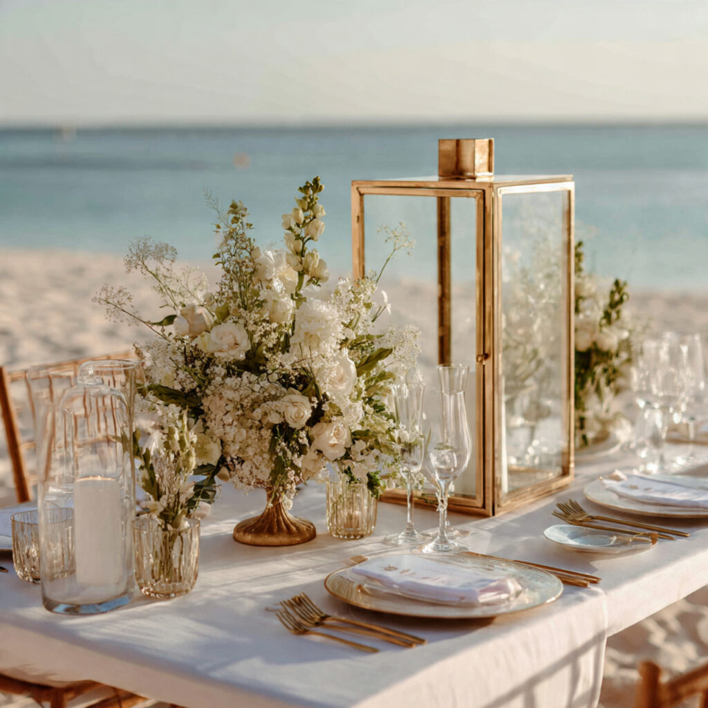 single large lantern statement centerpiece on beach