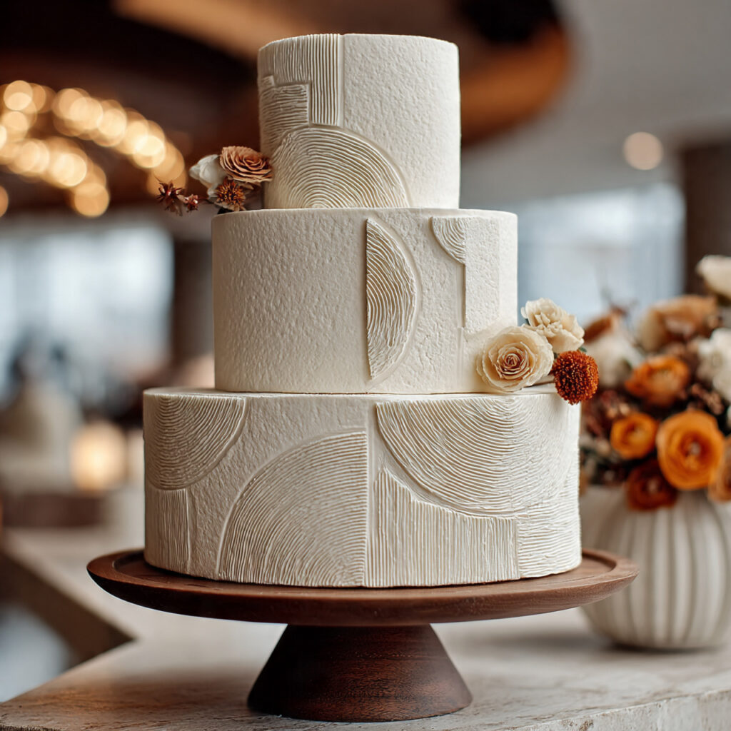 single tier wedding cake with bold modern design