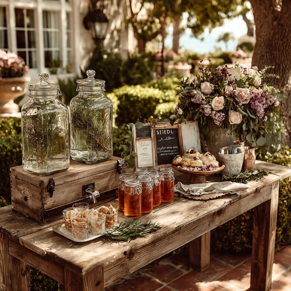 small backyard wedding bar setup on a