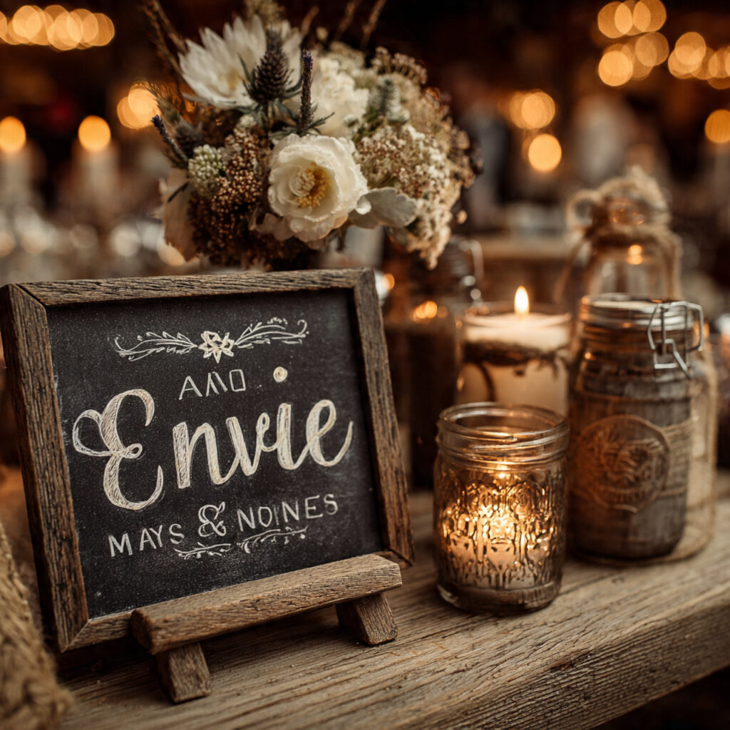 small chalkboard sign used as a table