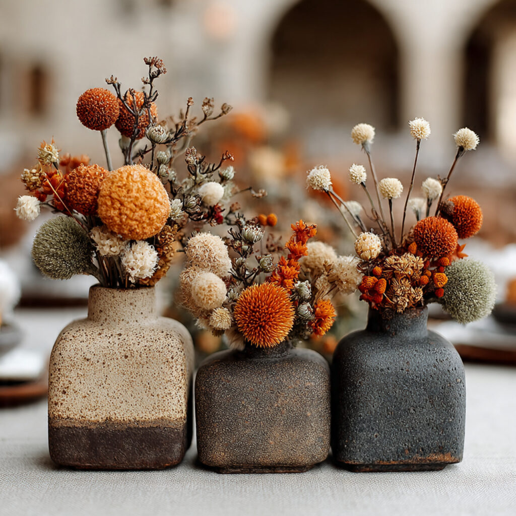 small dried flower arrangements in simple vases