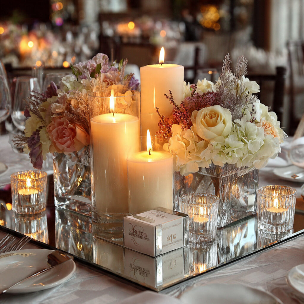 small mirror base centerpiece reflecting candlelight simple