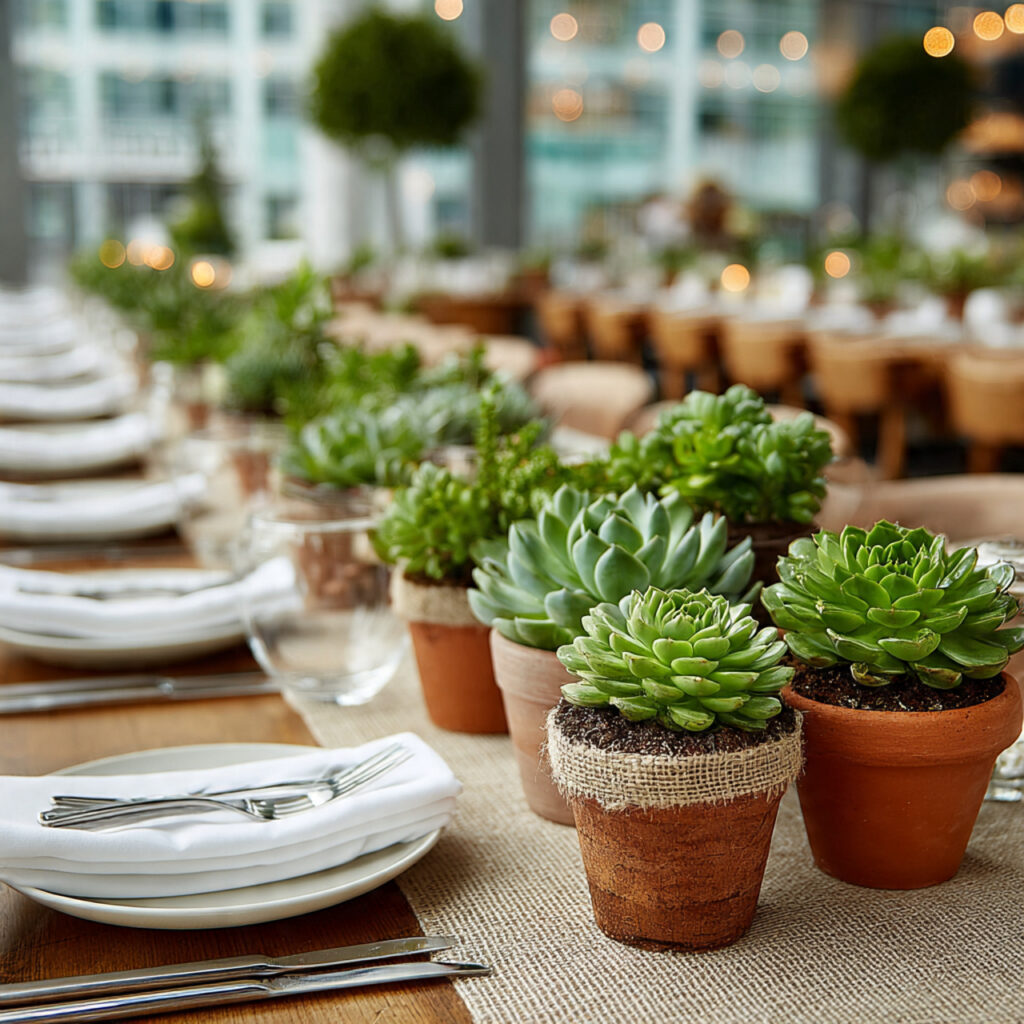 small potted plants used as centerpieces on