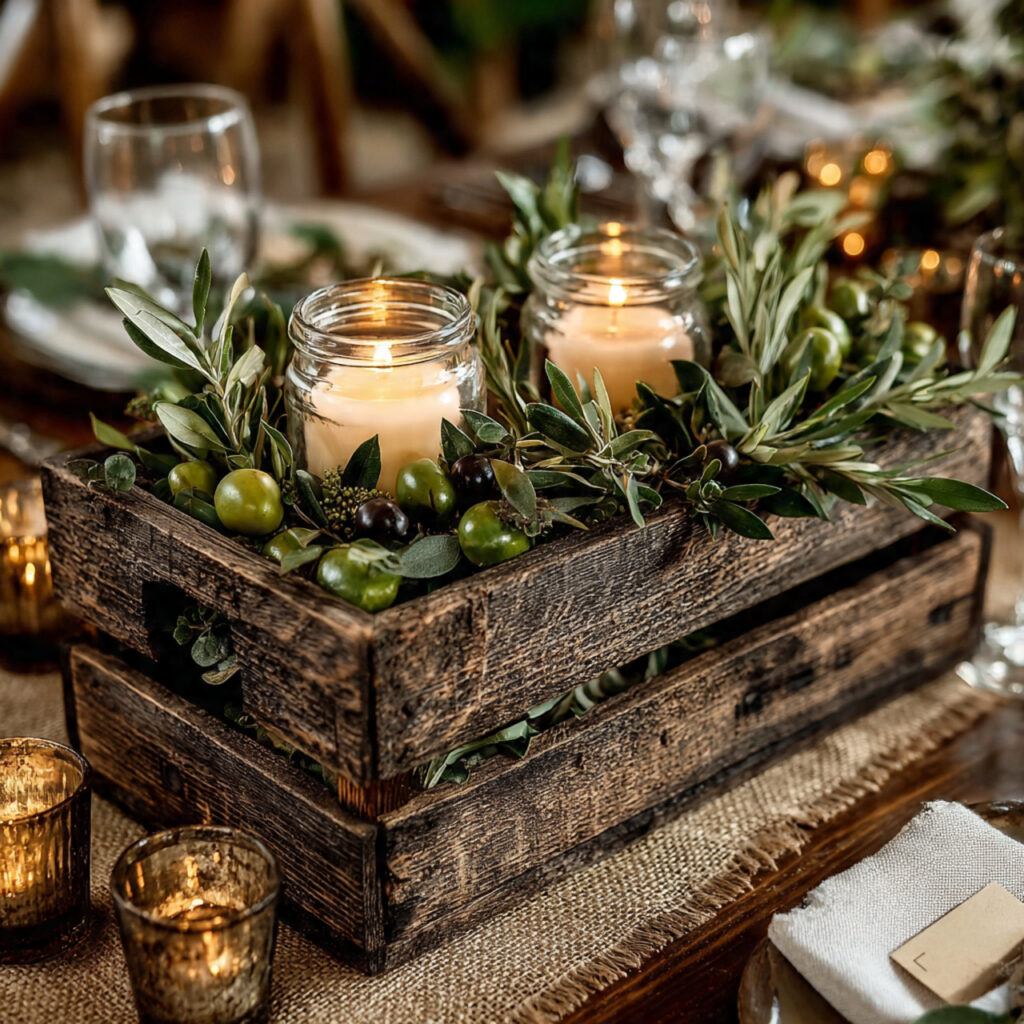 small rustic wooden crate centerpiece holding simple
